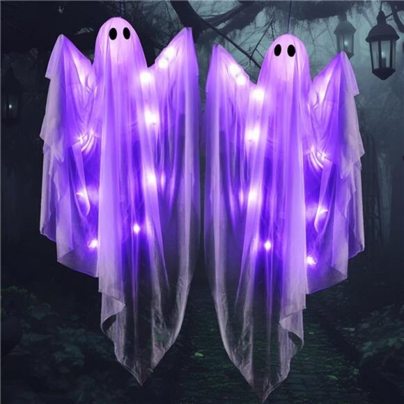 47” Halloween Hanging Light up Ghost Decoration Outdoor with Purple LED - Picture 7 of 8